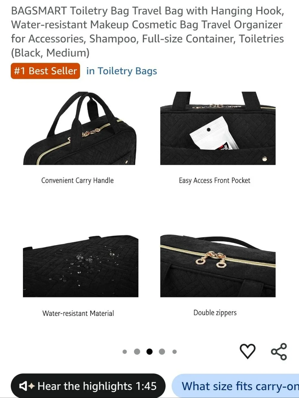 Bagsmart Black Quilted Travel Toiletry Bag